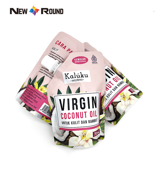 Bolsa de embalaje de aceite con boquilla de pie laminada impresa personalizada Levántese con boquilla para bolsa de embalaje de aceite de coco puro de 70 ml