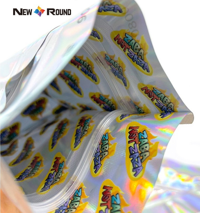Bolsas holográficas láser de Mylar, embalaje plástico resistente a los niños, gomoso comestible, con cierre de cremallera personalizado, sellado térmico