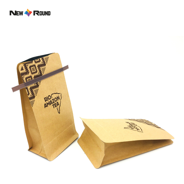 Bolsas de fondo plano biodegradables a prueba de olores, bolsa de embalaje de papel Kraft ecológica para granos de café con válvula de cremallera y lazo de estaño