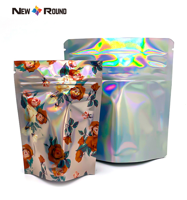 Bolsas holográficas láser de Mylar, embalaje plástico resistente a los niños, gomoso comestible, con cierre de cremallera personalizado, sellado térmico