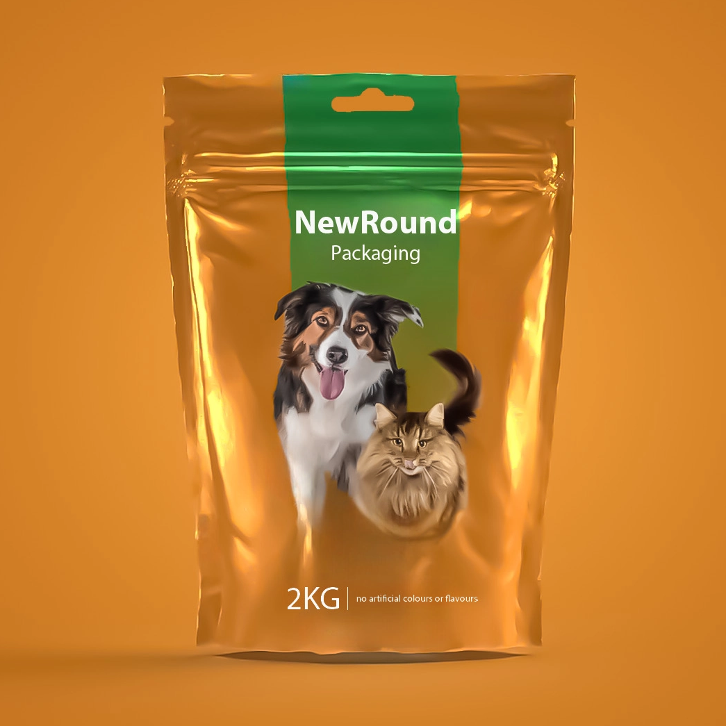 Embalaje de alimentos para mascotas con diseño reciclable de pie