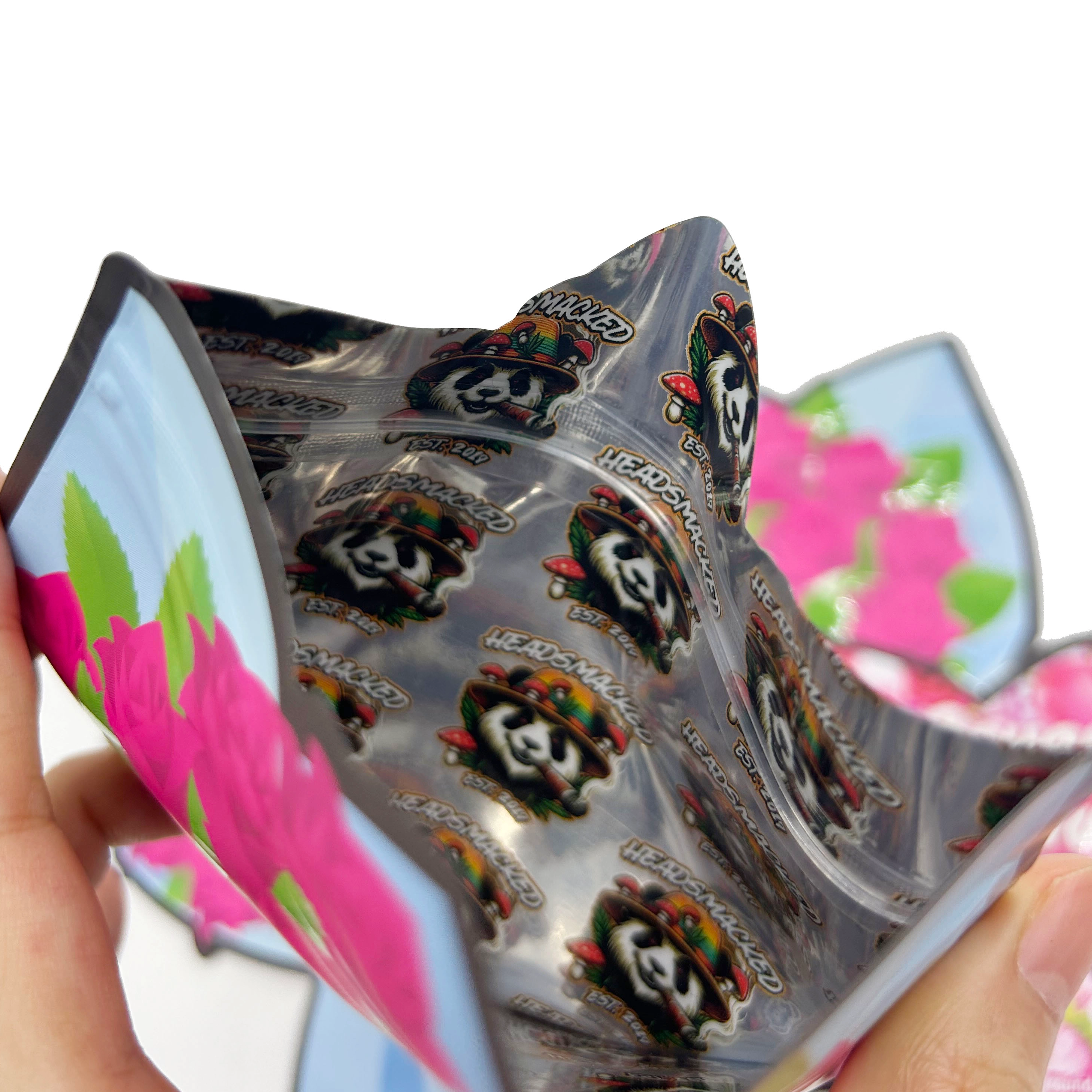 Bolsa personalizada de 3,5 g con cremallera de papel de aluminio a prueba de olores, mate con manchas de gomitas de caramelo UV, embalaje con forma especial, bolsa de Mylar troquelada