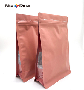 Bolsa de embalaje de fondo plano de papel Kraft con refuerzo lateral con cremallera y ventana