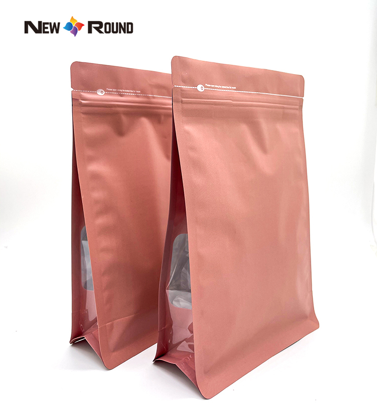 Bolsa de embalaje de fondo plano de papel Kraft con refuerzo lateral con cremallera y ventana