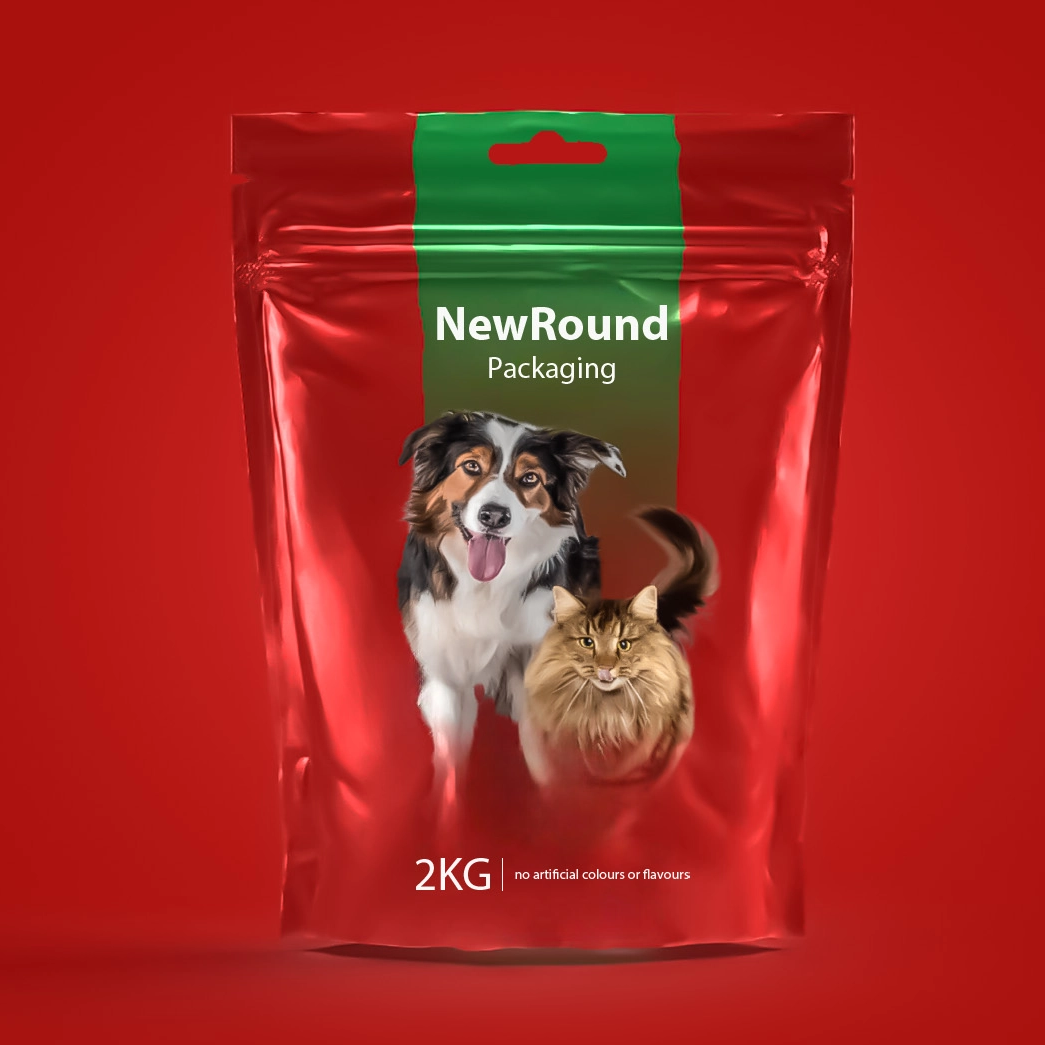 Embalaje de alimentos para mascotas con diseño reciclable de pie