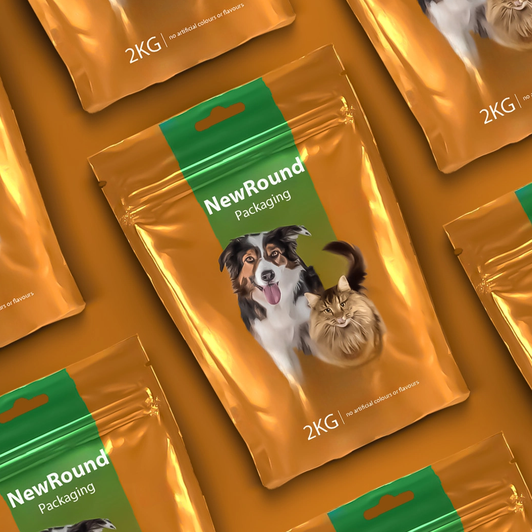 Embalaje de alimentos para mascotas con diseño reciclable de pie