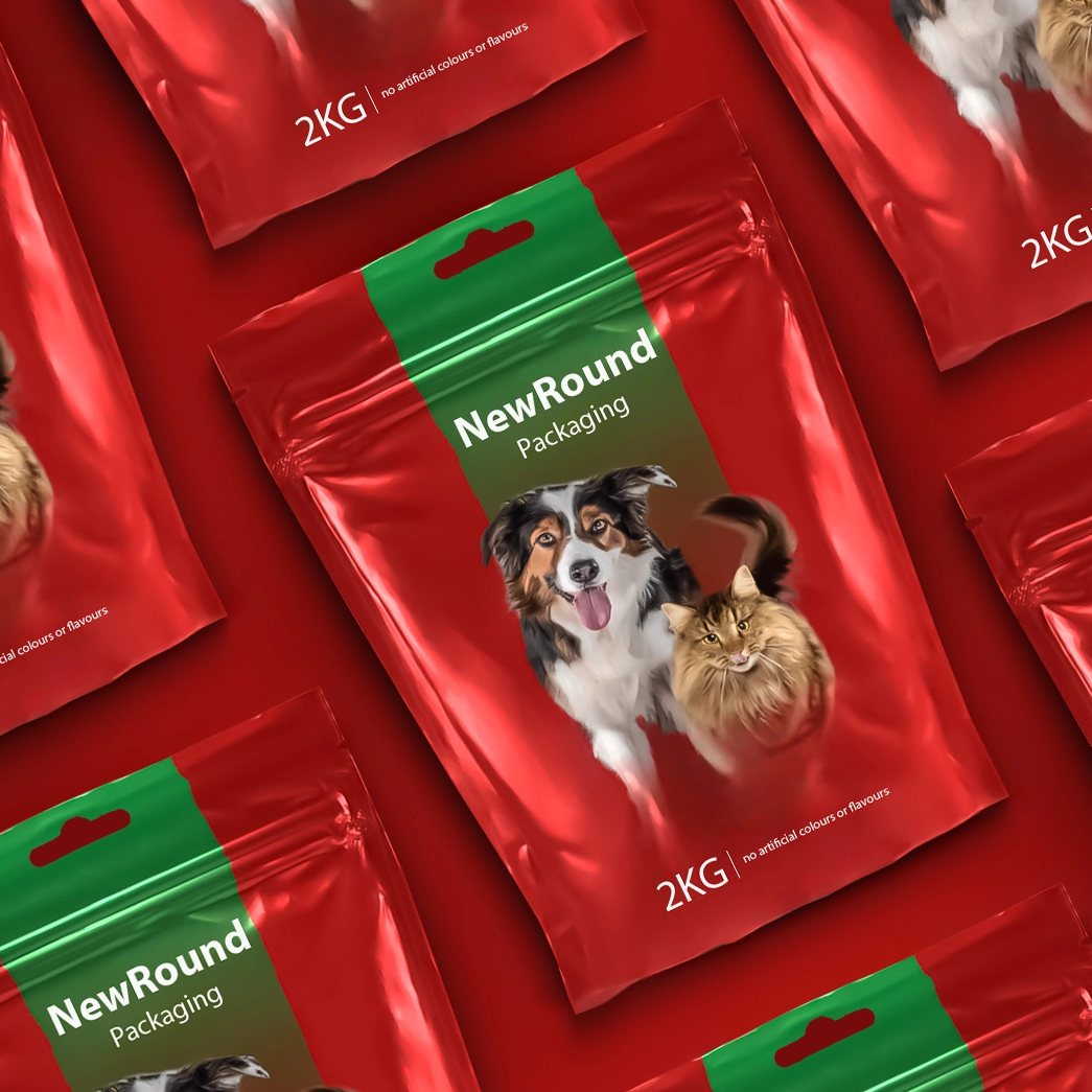 Embalaje de alimentos para mascotas con diseño reciclable de pie