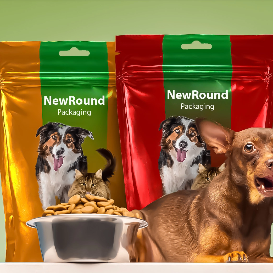 Embalaje de alimentos para mascotas con diseño reciclable de pie