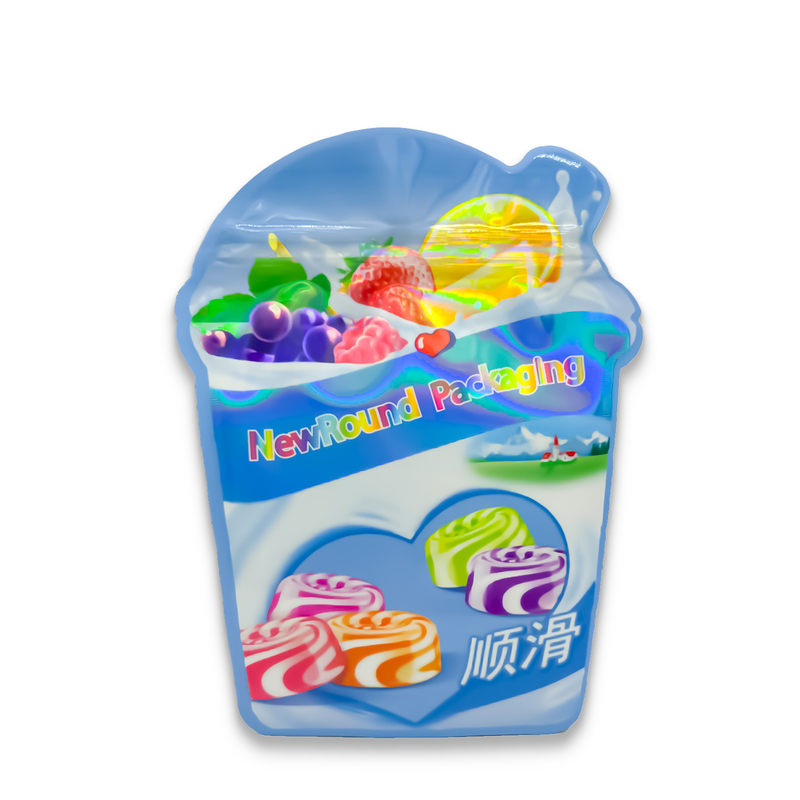 La bolsa de encargo del caramelo se levanta los bolsos holográficos ULTRAVIOLETA del octavo punto de Mylar de la forma de los bolsos de Mylar con Ziplock